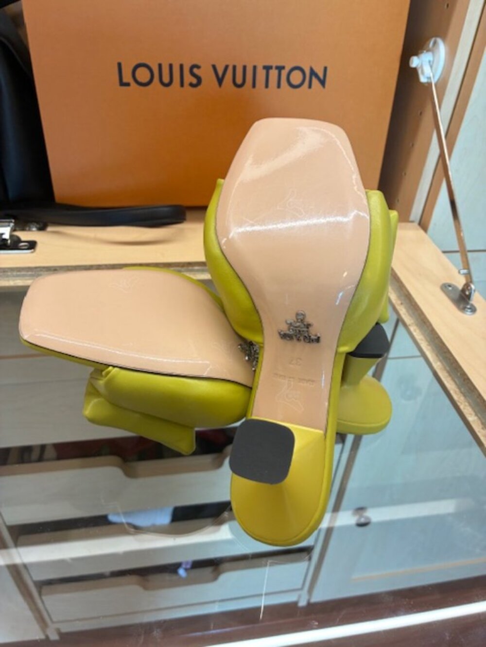 Prada Yellowish Enameled Metal Triangle Leather Size 37 Slides - Picture 5 of 7